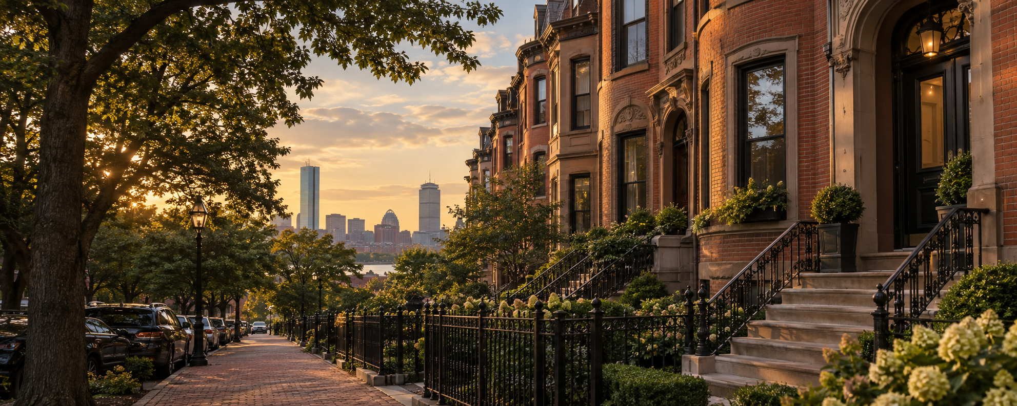 Boston brownstones at golden hour with the city skyline beyond